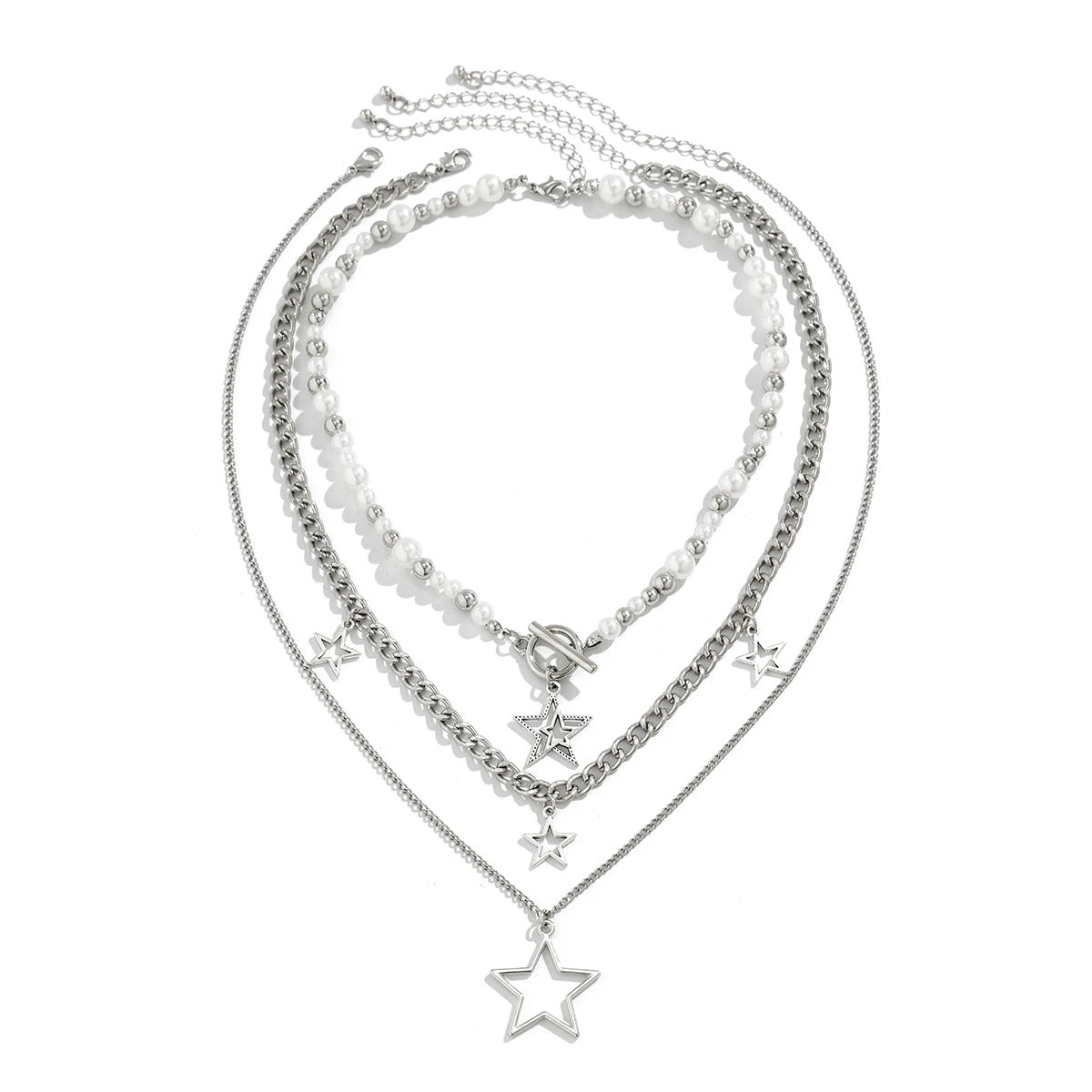 KunJoe Punk Silver Color Star Pendant Necklace for Women Men Imitation Pearl Multilayer Charm Choker Jewelry Collar Party Y2K