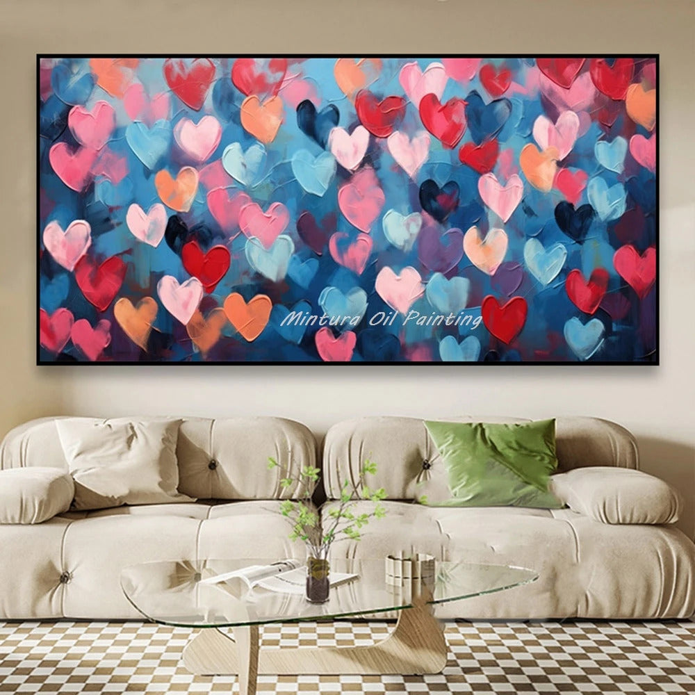 Mintura,100% Handmade Knife Graffiti Pink Red Heart Oil Painting on Canvas,Modern Abstract Wall Art Picture,Room Home Decoration