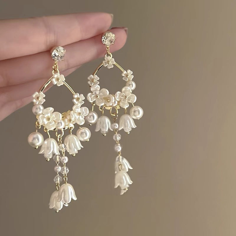 Silver Needle Inlaid with Diamonds and Pearls Flower Tassel Earrings Niche Style Atmosphere Earrings Fashionable Light Luxury High-end Earrings