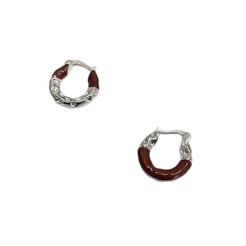 Niche Unique Red and Silver Contrast Color Irregular Circle Earrings Elegant Retro All-match High-end Ear Buckle 2025 New