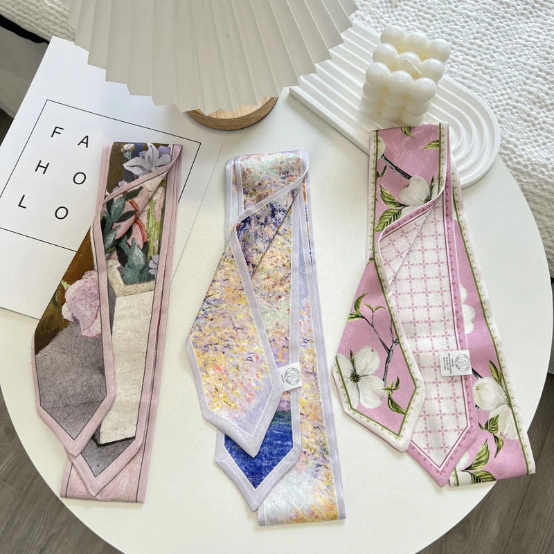 High-Grade Flower Print Long Silk Scarf Hair Band Ribbon Tied-up Hair Long Bow Vintage Satin Ribbon Hair Accessories For Women