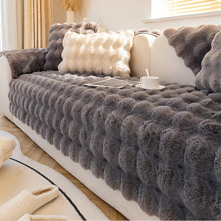 Rabbit Plush Sofa Cover Winter Thickening Warm Plush Cushions Non-Slip Living Room Leather Sofa Backrest Armrests Super Soft