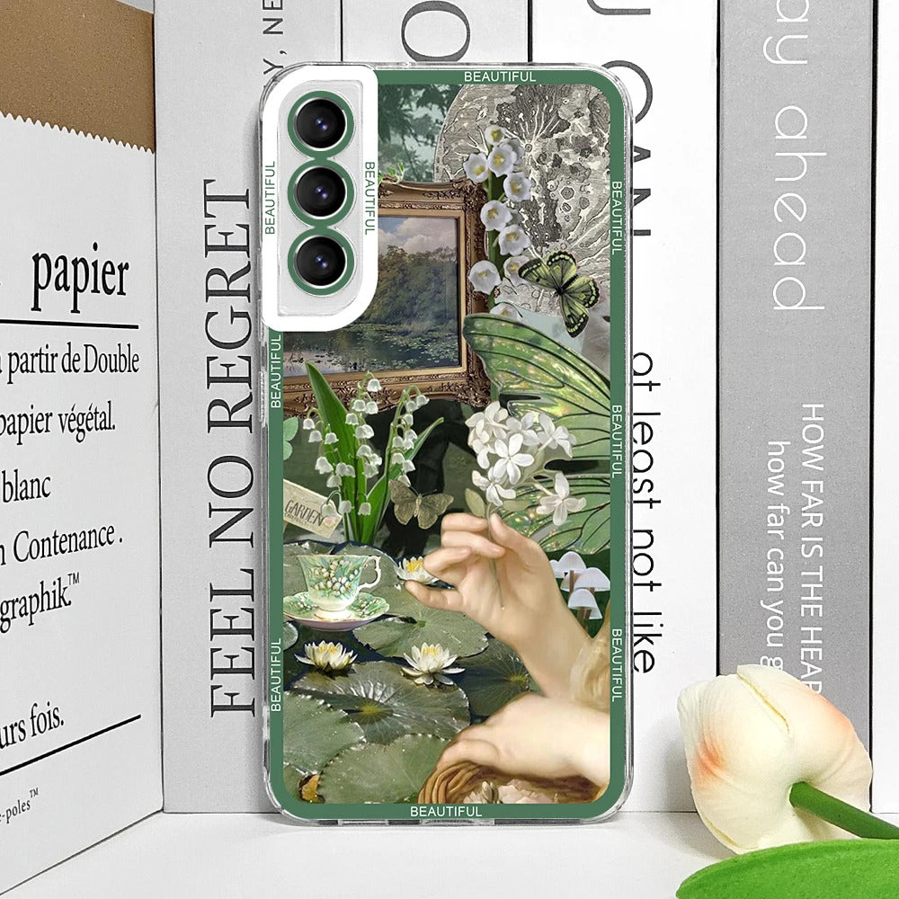 Cool Green Retro Flower Stickers Phone Case for Samsung Galaxy A55 A54 A53 A52 A51 A70 A22 A13 4G 5G Soft TPU Clear Cover Fundas