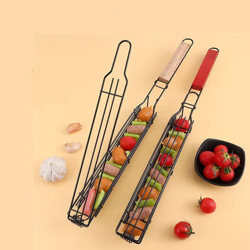 Burning Baking Cage Carbon Steel Hot Dog Sausage with Wooden Handle Baking Cage BBQ Barbecue Wire Barbecue Clip Grill Rack Camping Barbecue Tools