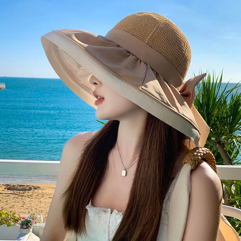 Women Bucket Hats Summer Sun Hat Large Brim Neck Protection Sunshade Hats with Bow Fisherman Caps for Ladies