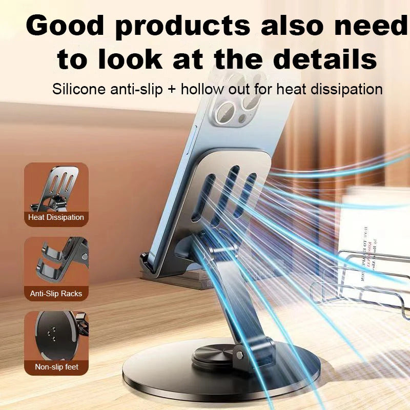 Adjustable Cell Phone Stand, Aluminum Desktop Cellphone Stand with Anti-Slip Base and Convenient Charging Port