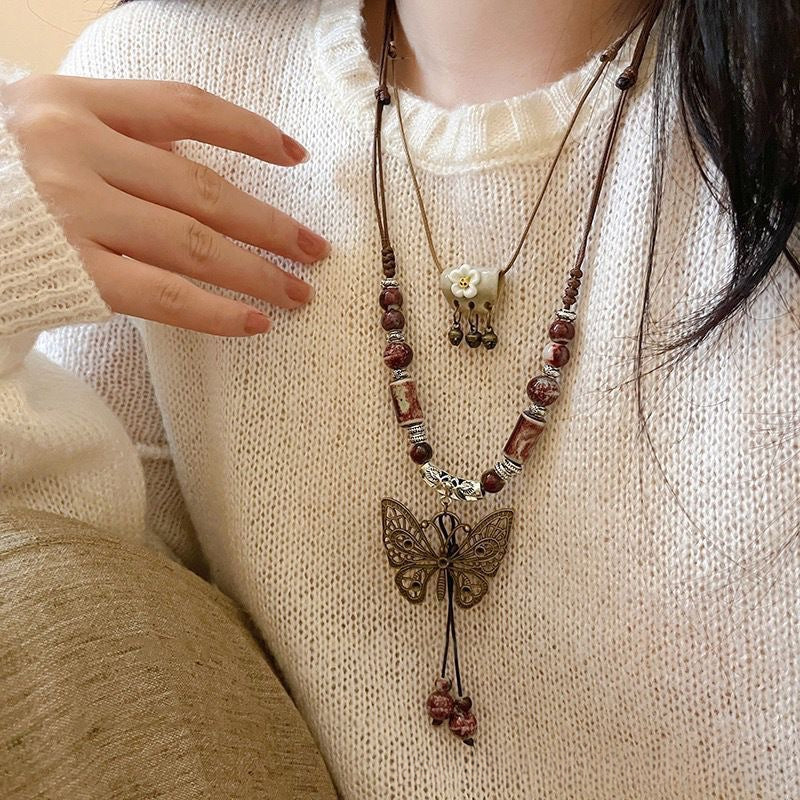 Ceramic Necklace New Chinese Ethnic Style Retro Ceramic Butterfly Beaded Clavicle Chain