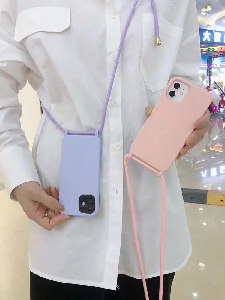 2025 Crossbody Strap Lanyard Silicone Phone Case For iPhone 16 15 14 13 12 Mini 11 Pro Max Plus Candy Color Soft TPU Back Cover