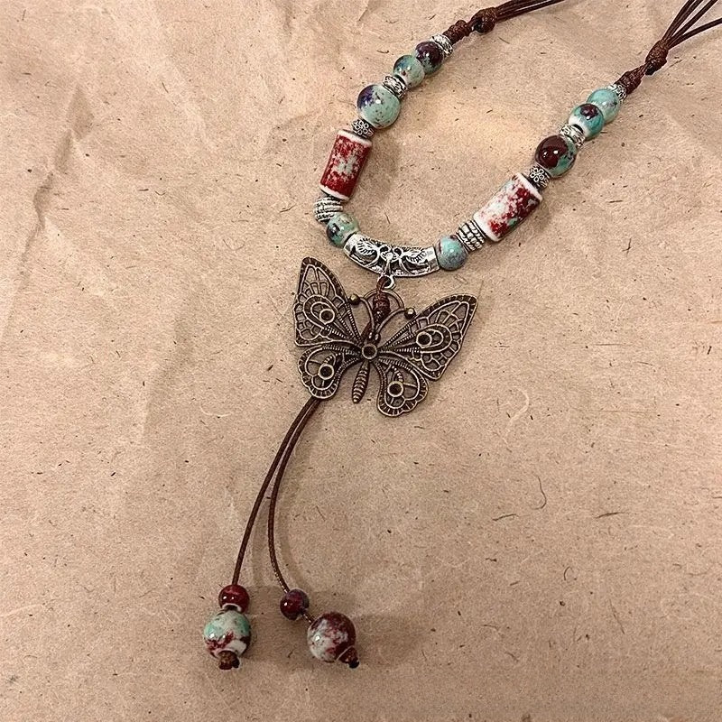 Ceramic Necklace New Chinese Ethnic Style Retro Ceramic Butterfly Beaded Clavicle Chain