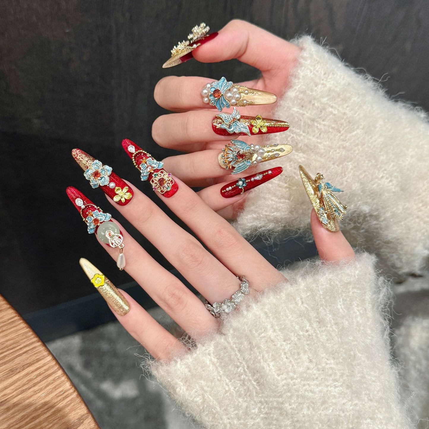 Rikaman Heavy Luxury Full Diamond Wedding Nails Handmade Wearable Nails Premium Wedding Nails Wearable Nail Art Detachable