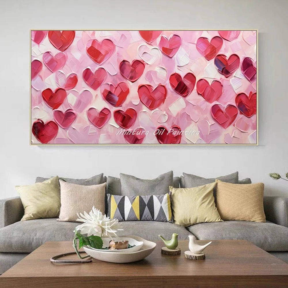 Mintura,100% Handmade Knife Graffiti Pink Red Heart Oil Painting on Canvas,Modern Abstract Wall Art Picture,Room Home Decoration