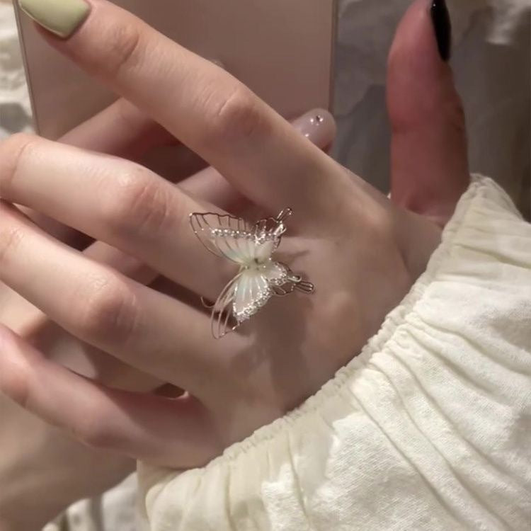 Pink Gradient Double Layer Hand Jewelry Hollow Butterfly Ring Summer Niche Simple Stunning High-Value Cool Feeling Ring