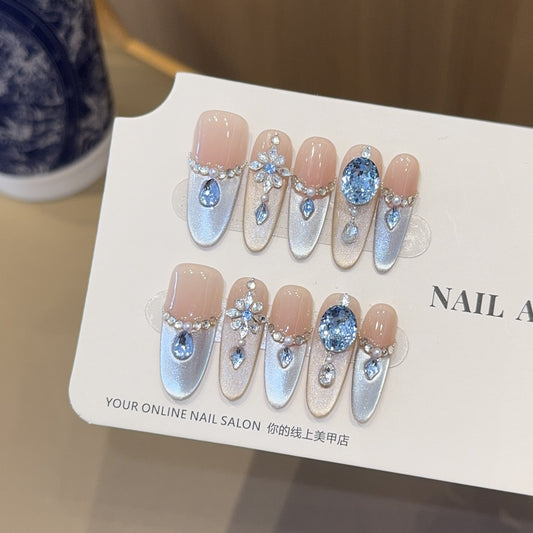 Heavy Craft Light Luxury Blue Full Diamond French Cat Eye Handmade Wearable Nails High-End Long Style Nail Art Fake Nail Tips