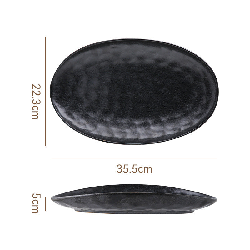 Vintage Coarse Pottery Oval Ceramic Long Plate Restaurant Home Large Capacity Personalized Fish Plate Sushi Pastry Dessert Display Plate
