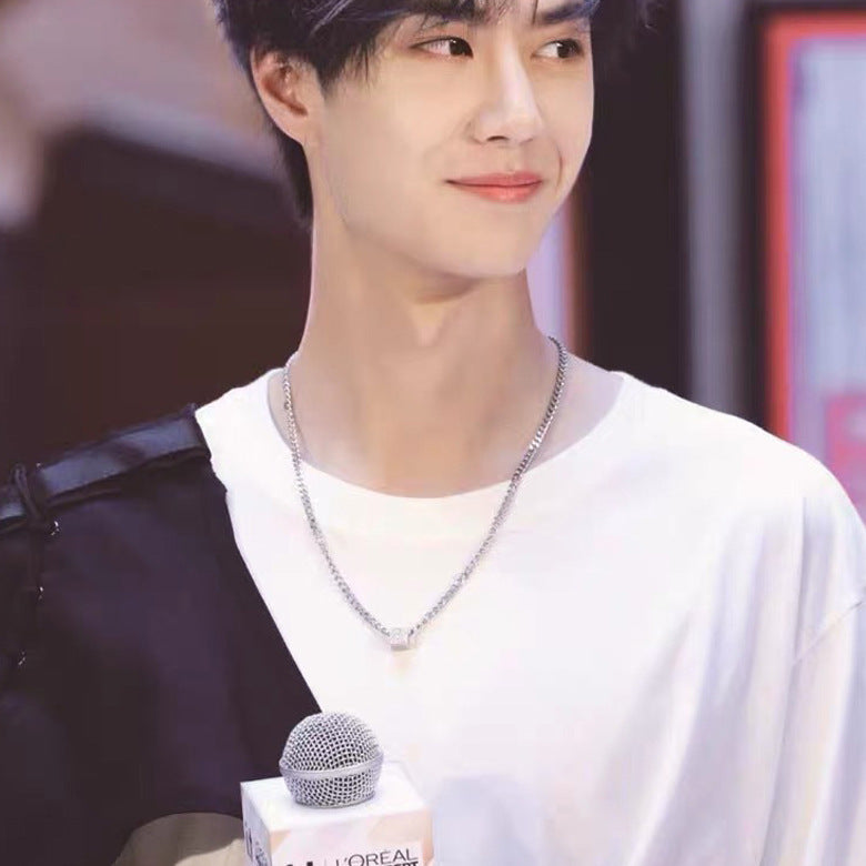 Geometric Square Wang Yibo Necklace Men's Trendy Hip Hop Style Simple All-Matching Hoodie Clavicle Chain Niche Design Men's