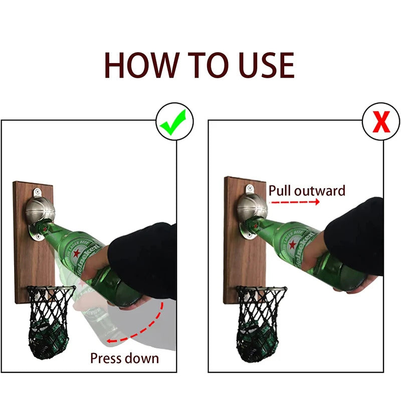 LMETJMA Magnetic Basketball Bottle Opener Wooden Wall-mounted Beer Bottle Opener with Cap Catcher Ideal Gift for Basketball JT82