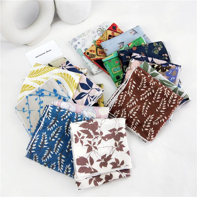 Cotton Linen 55cm Square Scarf Women Kerchief Flower Print Geometric Neckerchief Scarves  Headwrap Bandanas Hairband Headbands