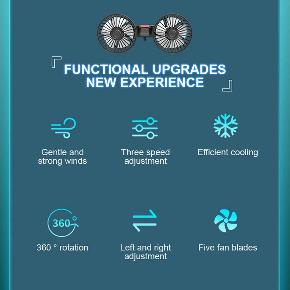 12V/24V Car Fan Cooling Car Fan Dual Head USB Car Fan 3 Speeds Adjustable Auto Cooler Air Fan for Vehicle SUV Car Accessories