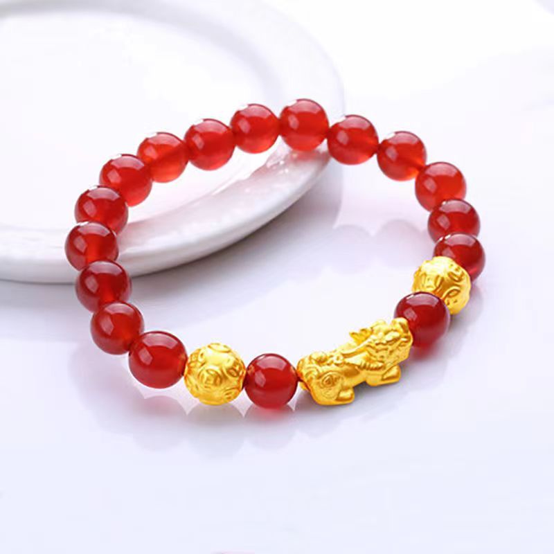 Brass Gold Plated Brave Bracelet Lucky Beads Agate Obsidian Sanskrit Bracelet Men's and Women's Bracelet