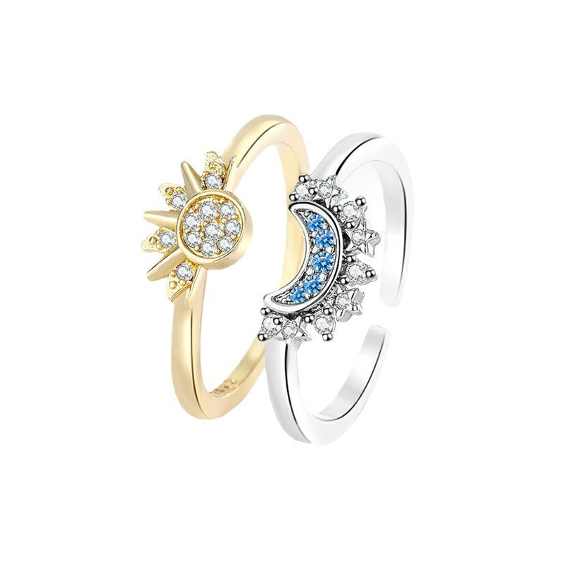 Cross-Border European and American Style Simple Design Sun and Moon Stackable Rings for Women with Diamonds Sun Moon Couple Rings