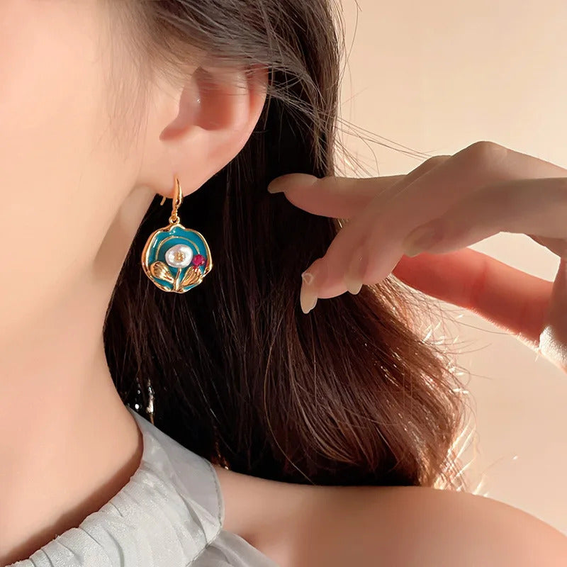 Vintage Oil Painting Style Flower Earrings Fashion Imitates Pearl Geometric Drop Earrings High-End Wedding Jewelry Accessories