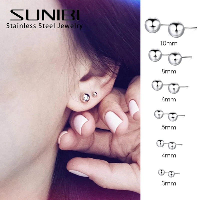 SUNIBI Classic Stud Earrings for Women 3/4/5/6/8/10mm Silver Color Ball Stainless Steel Earring Korean Trend Jewelry Wholesale