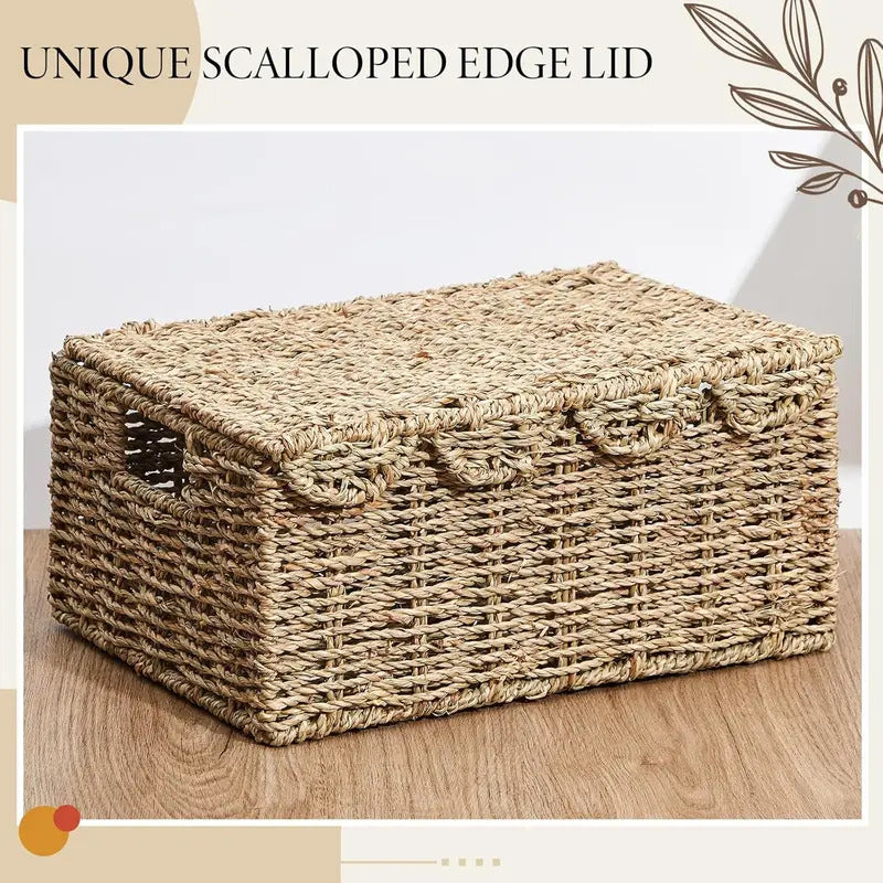 2 Pcs Scalloped Edge Wicker Basket with Lid Wicker Baskets for Organizing Storage Wicker Woven Handwoven Basket with Handles