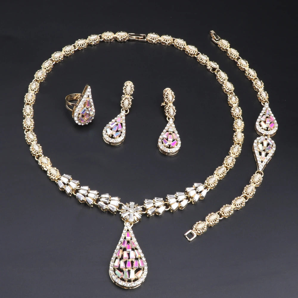 Dubai Gold Color Jewelry Sets Water Drop Pendant Necklace Earrings Ring Bracelet Classic Design 4Pcs Set Party Jewelry
