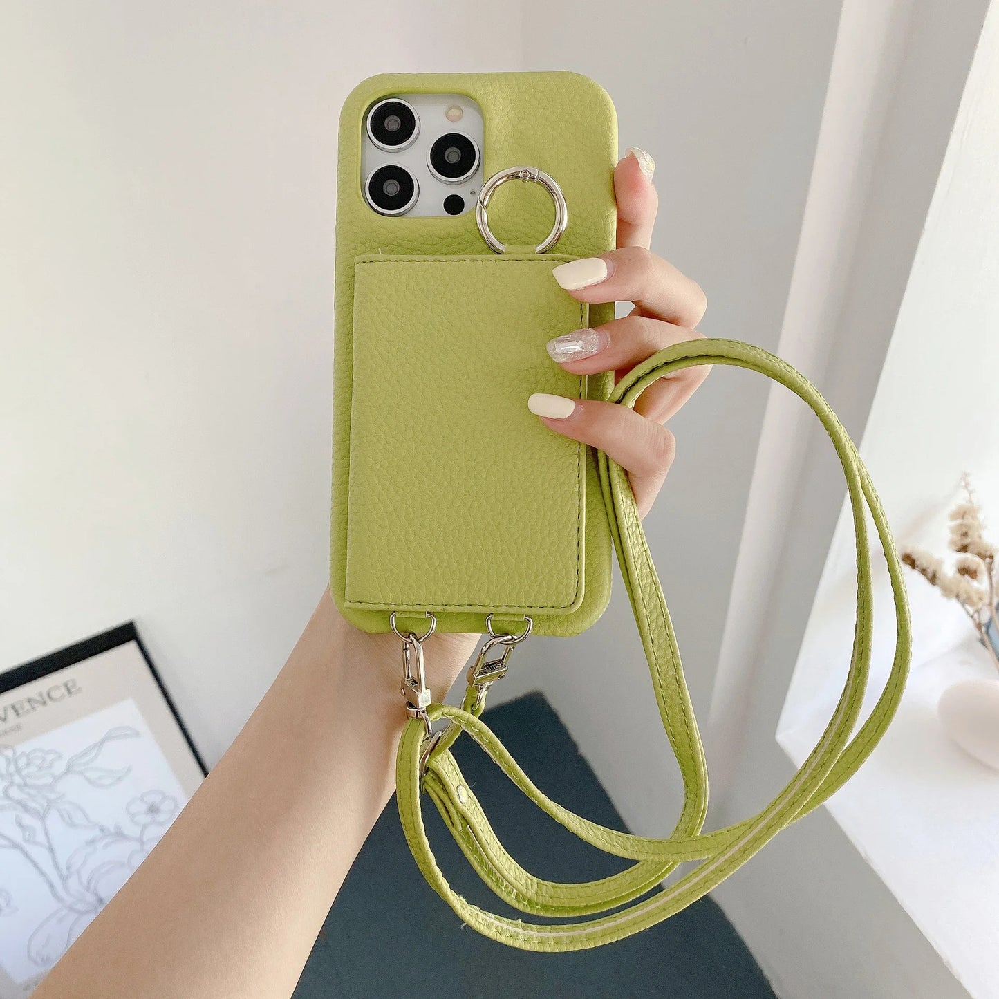 Ring Holder Mirror Card Slot Case For iPhone 13 12 Mini 16E 16 15 14 11 Pro XS Max 8 Plus Crossbody Wallet Lanyard Leather Cover