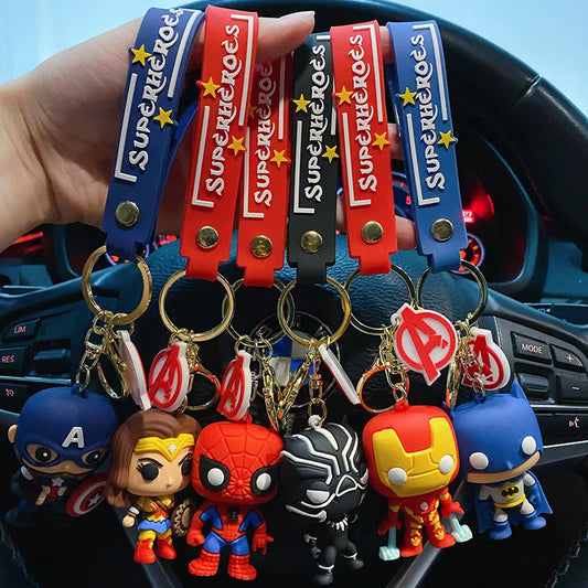 Disney Super Heroes Spider Man Captain America Black Panther Deadpool Car KeyChain Pendant PVC Model Kids Toys Children Gifts