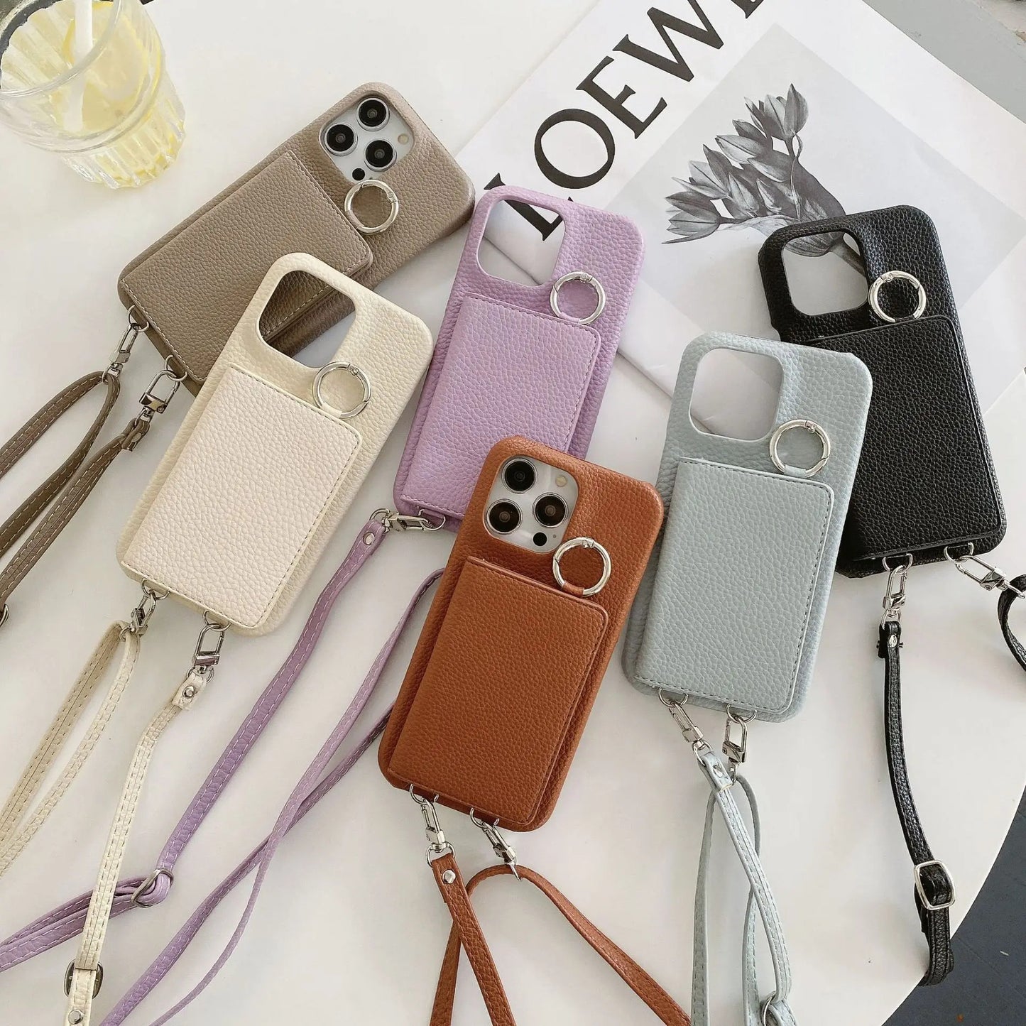 Ring Holder Mirror Card Slot Case For iPhone 13 12 Mini 16E 16 15 14 11 Pro XS Max 8 Plus Crossbody Wallet Lanyard Leather Cover