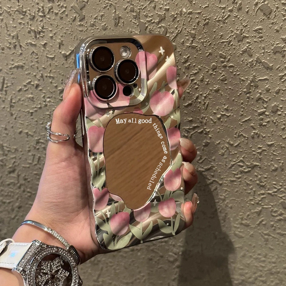Pink Tulip Flower Phone Case For iPhone 11 Case iPhone 16 13 12 14 15 Pro Max Plating Make Up Mirror Wavy Soft Shockproof Cover