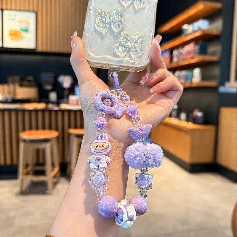 New Labubu wool ball bead Phone Chain Girls Kawaii Cartoon Backpack Pendant Cute Keychain Lanyard Bag Charm Mobile Case Gift