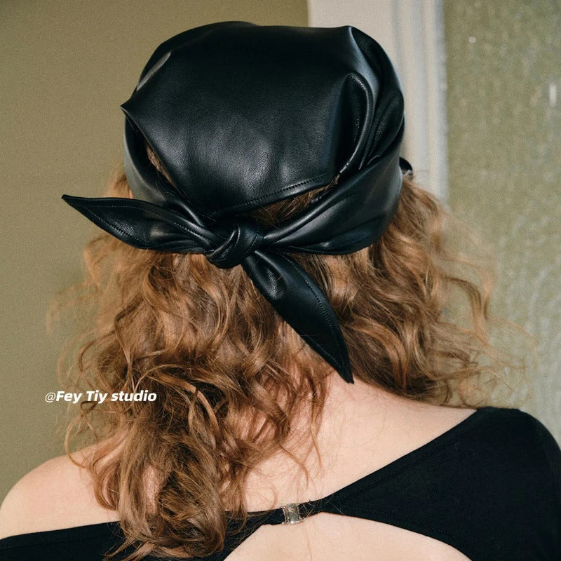Retro Spicy PU Leather Headscarf Hat Women Summer Y2k Square Scarf Hip-hop Kerchief Korean Series Versatile Headband hair scarf