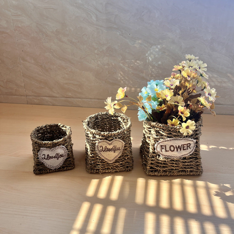 Handmade Straw Woven Flower Basket Woven Storage Living Room Decoration Ornaments Artificial Flower Arrangement Flower Basket