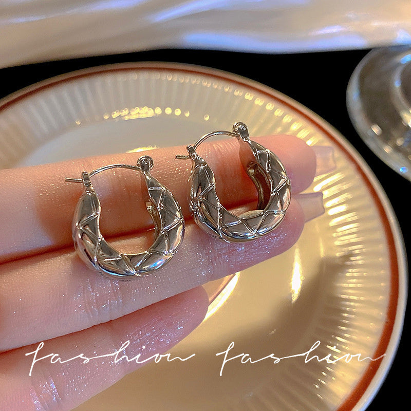 925 Silver Needle Hong Kong Style Retro Metal Earrings Women's High-Grade Geometric Simple Bracelet Ear Clip All-Match Exaggerated Commuter Earrings