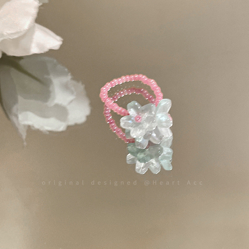 Violet Flower Elastic Beaded Ring for Women 2025 Spring Summer Korean Style Index Finger Ring Dopamine Bestie Layered Ring