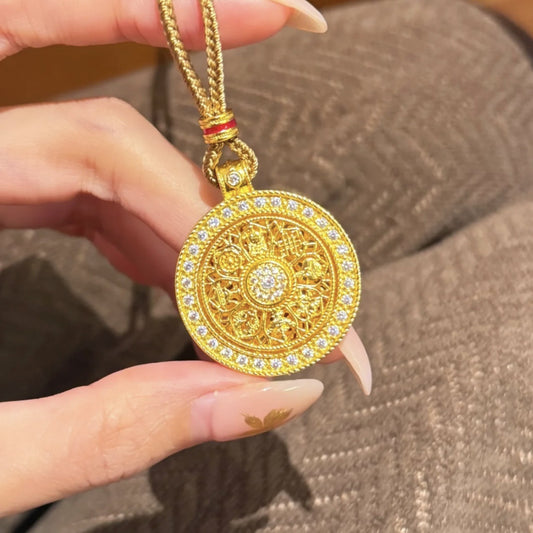 New Chinese-style Rotating Diamond-encrusted Eight Treasure Compasses Pendant Ancient Sand Gold Hollow Cafe Rope Black Rope Necklace for Women