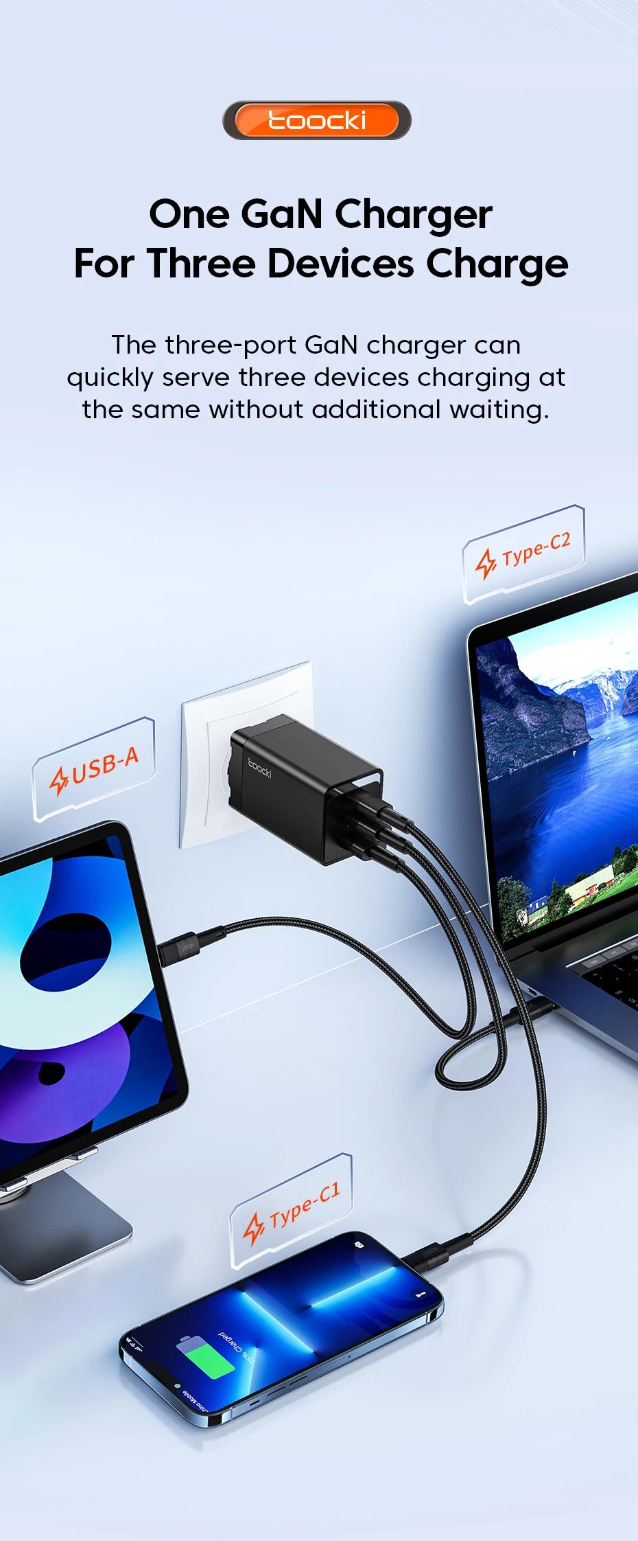 Toocki 67W GaN USB C Charger QC4.0 65W PD 3.0 Type C Fast Charger Quick For iPhone 16 15 14 13 Pro Samsung Xiaomi Huawei MacBook