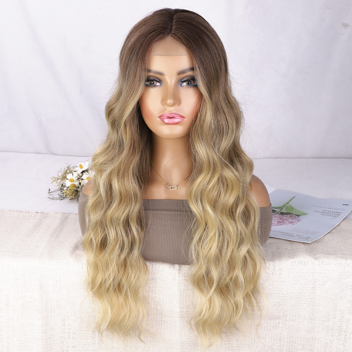 Lace Front Wig for Women, Middle Part, Small Lace, Highlighted Long Curly Synthetic Wig, Export Wigs