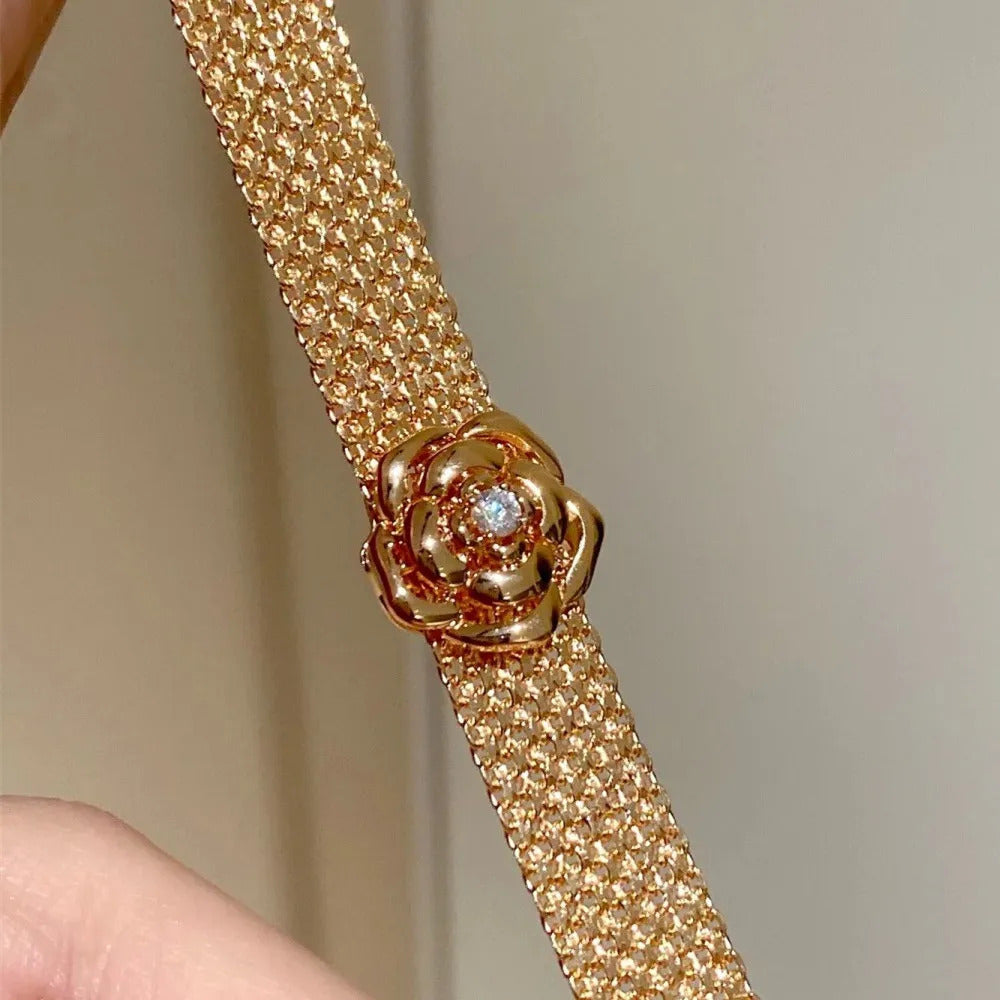 Luxury Camellia Flower Bangle Bracelets Watch Bands Woman 18K Rose Gold Silver High Grade Fine Jewelry Birthday Gifts Christmas