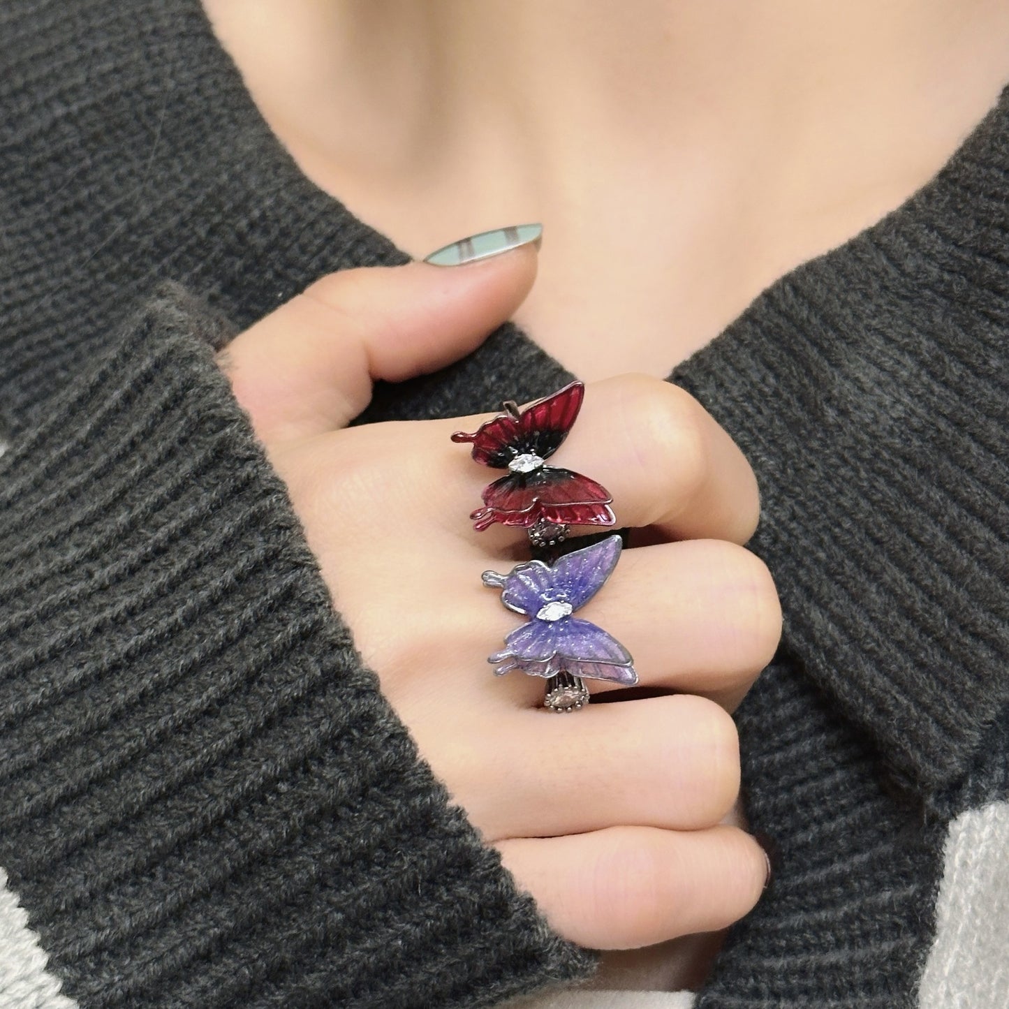 Korean Style Super Fairy Temperament Colorful Butterfly Ring for Women, Light Luxury Niche Versatile Temperament Open Finger Ring, Internet Celebrity Ring