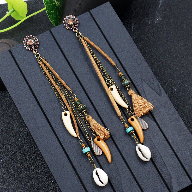 Earrings Bohemian Hair Long Tassel Shell Horn Sunflower Earrings
