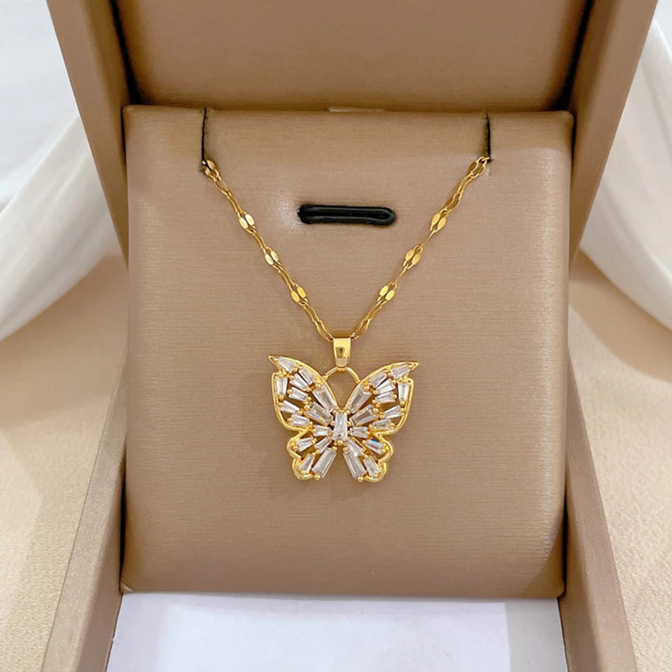 ZAKOL Classic Gold Color Stainless Steel Necklace For Women Shiny Zircon Geometric Heart Pendant Necklaces Jewelry Gift