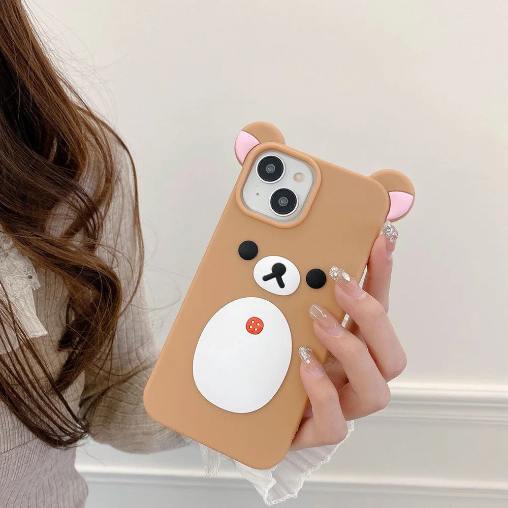Fashion Cute 3D Cartoon Rilakkuma Bear Soft Silicone Phone Case Back Cover for iPhone 11 12 13 14 15 16 Pro Max