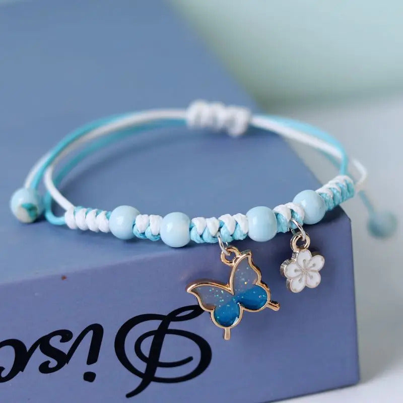 Kpop Cute Colorful Butterfly Bracelet for Women Girl Fashion Hand-woven Star Bell Beads Flower Pendant Bracelet Sister's Jewelry