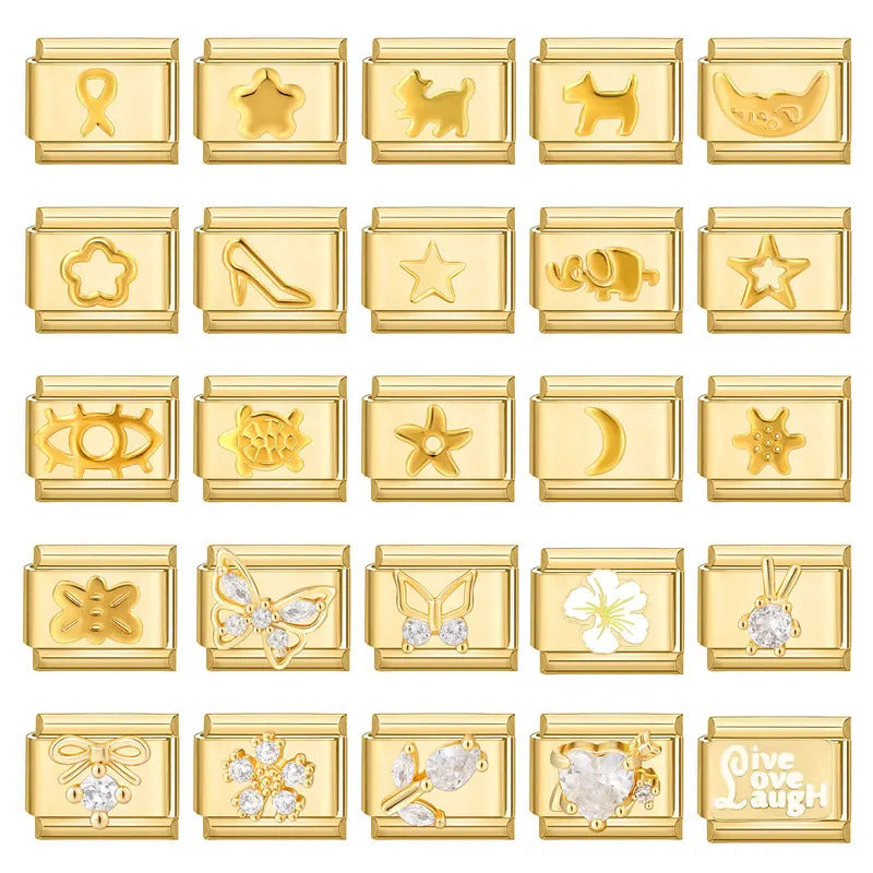 Fashion Pet Heart Flowers Sun Moon Zircon Gold Color Italian Charm Links Stainless Steel Fit 9mm Bracelet Jewelry DIY Making