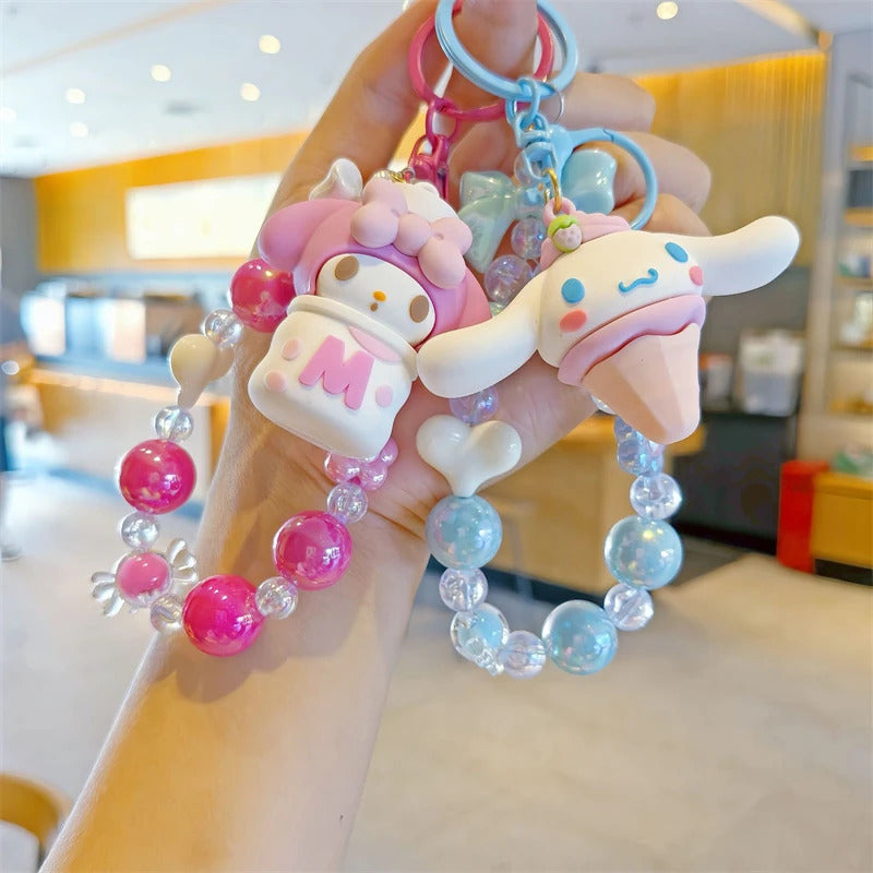 Sanrio Beaded Keychain Hello Kitty Cinnamoroll Kuromi Cute Cartoon Doll Pendant Phone Chain Keychains Bag Pendant Accessories