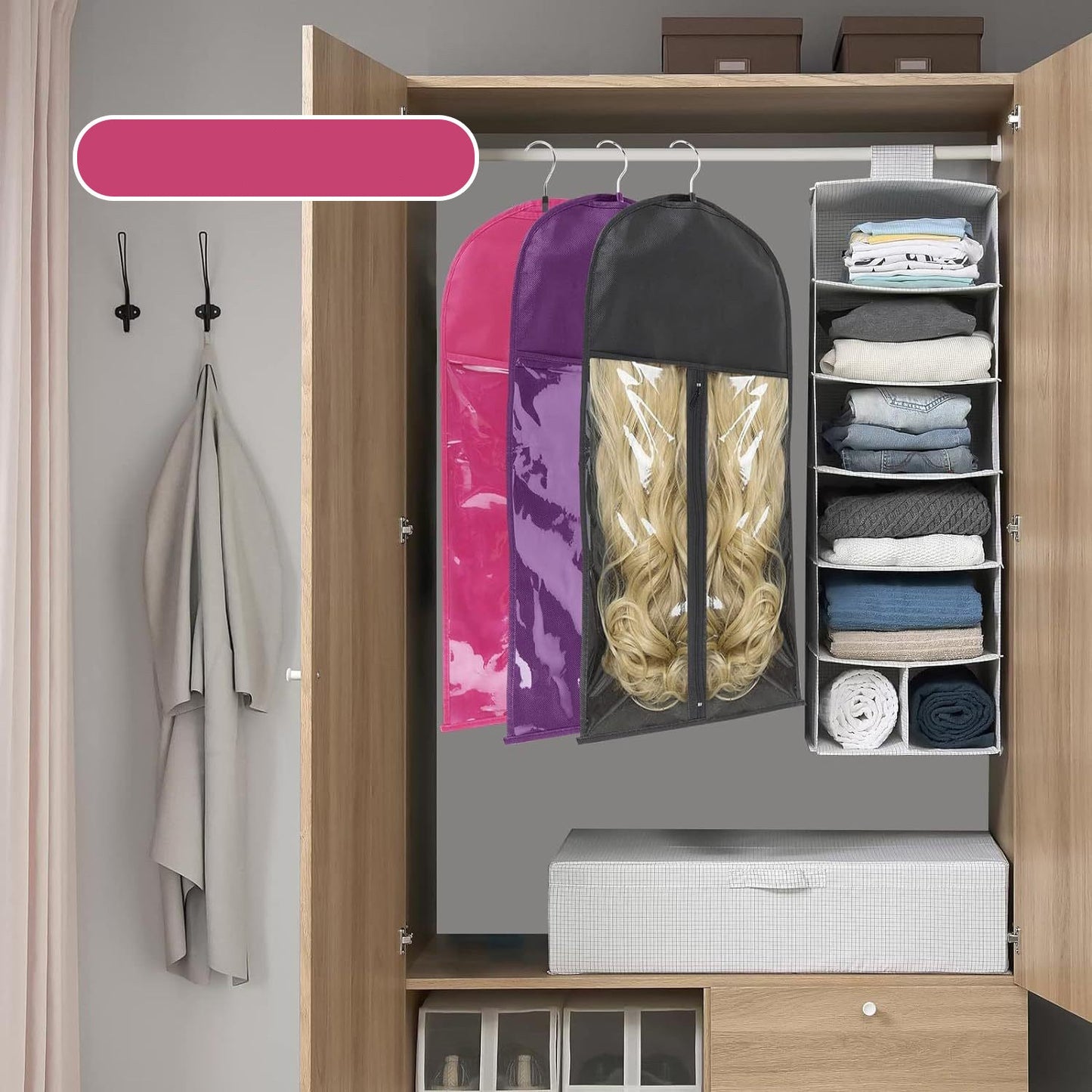 In Stock Thickened Zipper Portable Wig Dust Cover PVC Window Non-Woven Fabric Hang Clothes Storage Dustproof Bag Wholesale