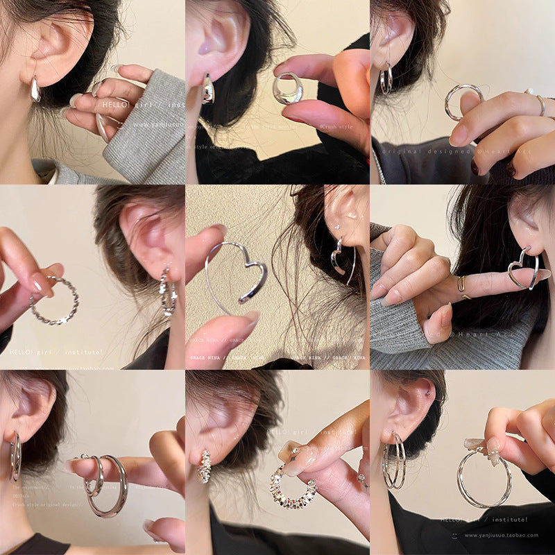 925 Silver Needle Hong Kong Style Retro Metal Earrings Women's High-Grade Geometric Simple Bracelet Ear Clip All-Match Exaggerated Commuter Earrings